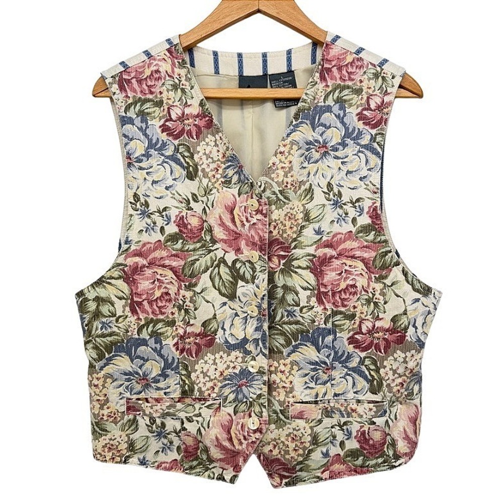 Lizwear Boho Floral Striped Tapestry Vest VTG Button Front Cottage Core Large